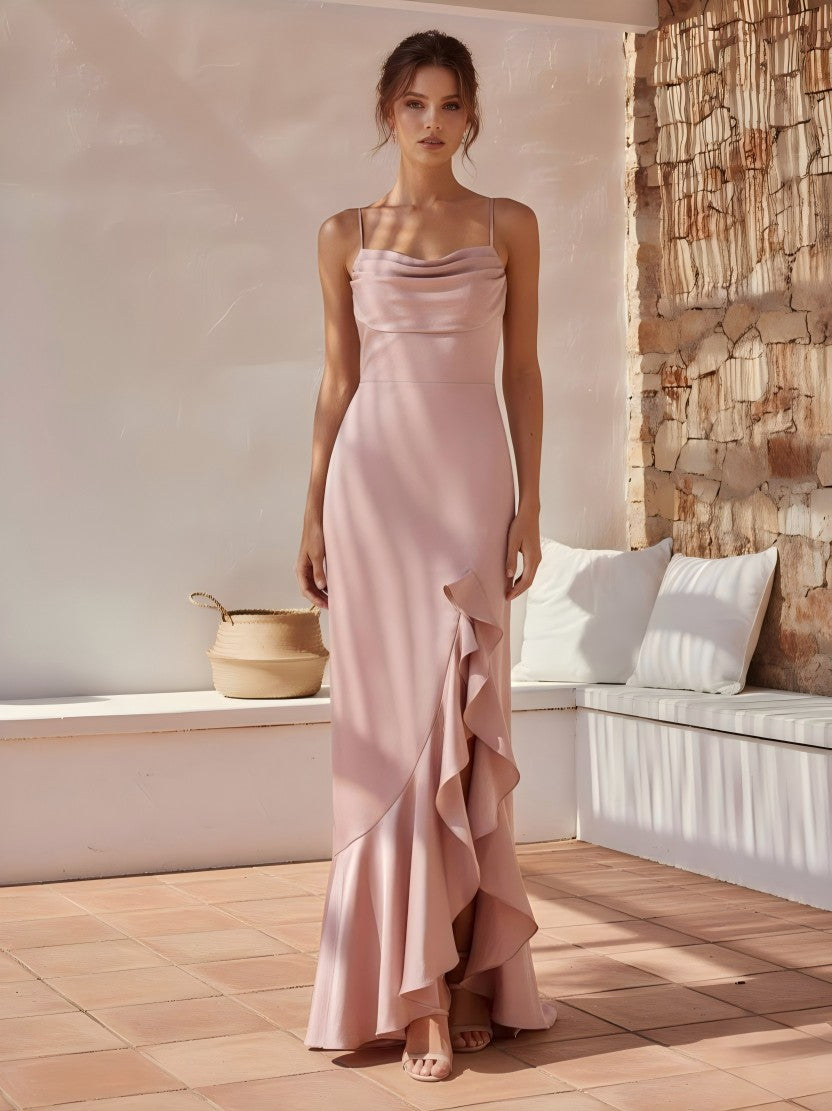 Ruffles Cowl Neck Pleated Spaghetti Straps Mermaid Bridesmaid Dresses with Slit