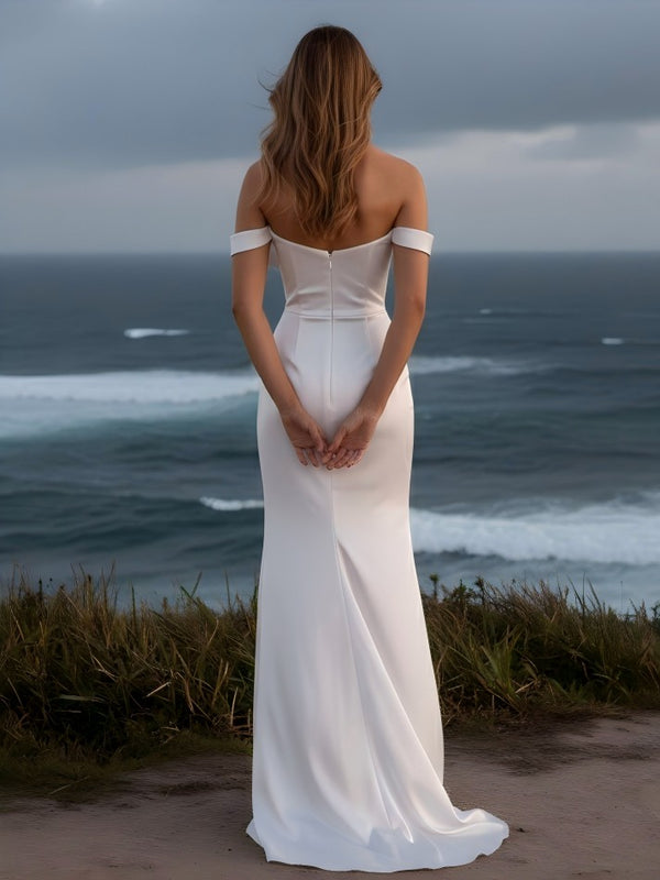 Sweetheart Off the Shoulder Pleated Mermaid Satin Bridesmaid Dresses with Slit