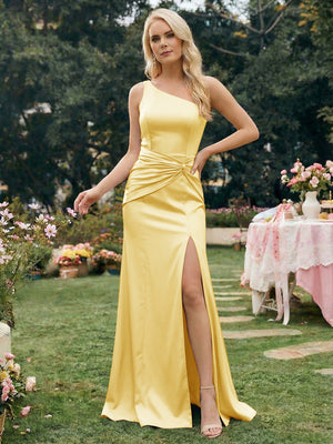 Satin Mermaid One Shoulder Long Bridesmaid Dresses