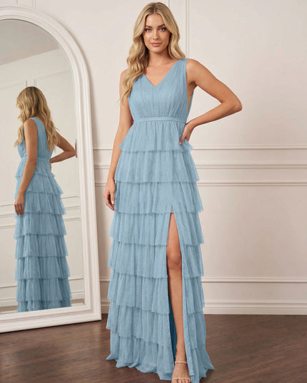 Tulle Tiered V Neck A Line Maxi Wedding Guest Dresses with Slit