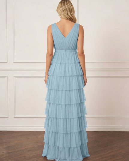 Tulle Tiered V Neck A Line Maxi Wedding Guest Dresses with Slit