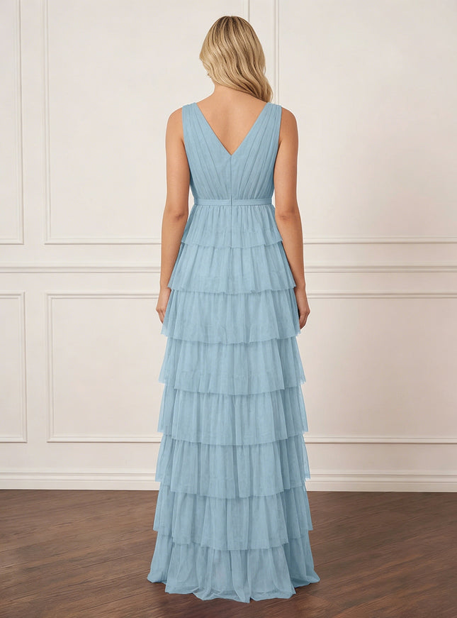 Tulle Tiered V Neck A Line Maxi Wedding Guest Dresses with Slit