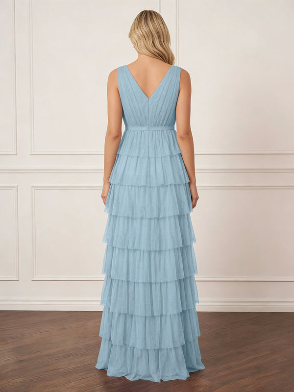 Tulle Tiered V Neck A Line Maxi Wedding Guest Dresses with Slit
