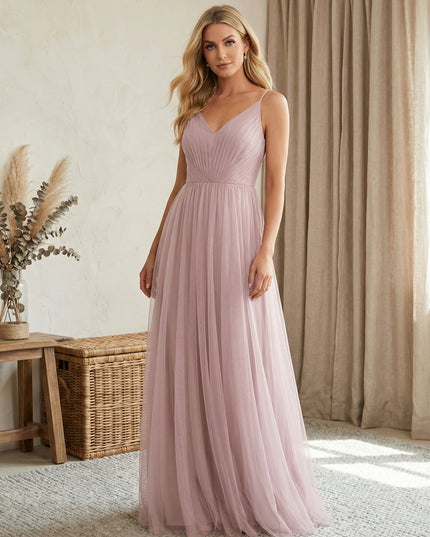 Tulle Spaghetti Straps A Line Maxi Bridesmaid Dresses with Backless Design