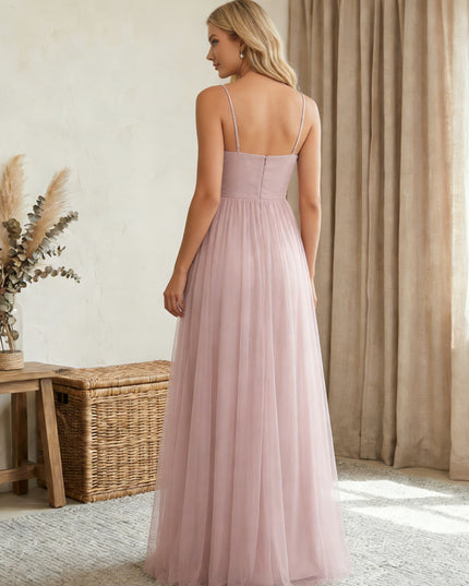 Tulle Spaghetti Straps A Line Maxi Bridesmaid Dresses with Backless Design