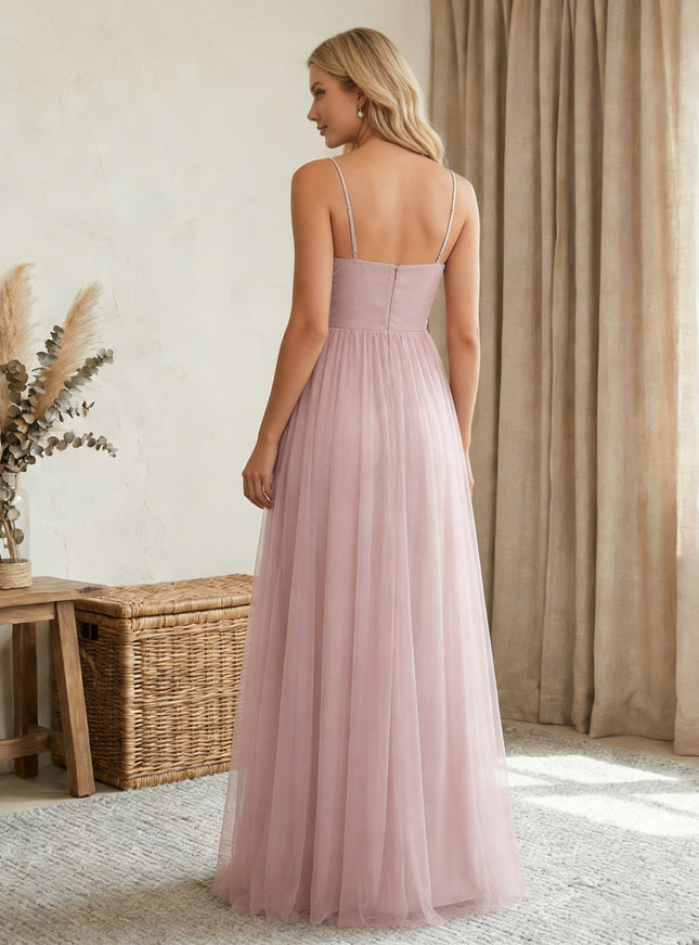 Tulle Spaghetti Straps A Line Maxi Bridesmaid Dresses with Backless Design