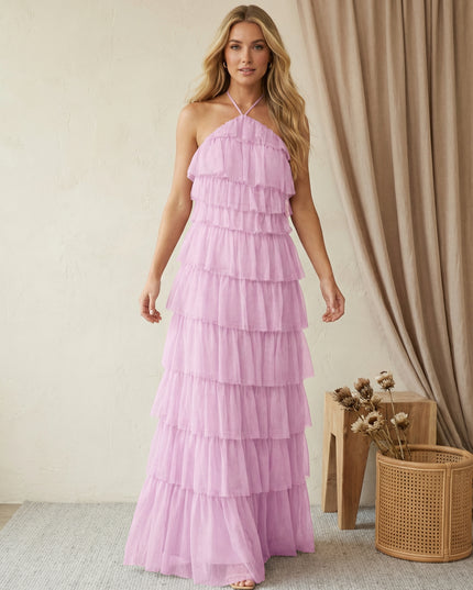Tulle Halter A Line Maxi Bridesmaid Dresses with Tiered