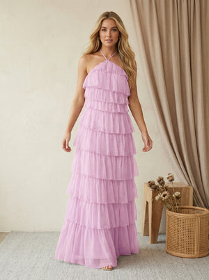 Tulle Halter A Line Maxi Formal Dresses with Tiered