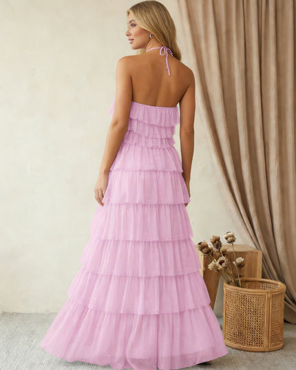 Tulle Halter A Line Maxi Bridesmaid Dresses with Tiered