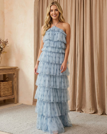 Tulle Halter Floral A Line Maxi Bridesmaid Dresses with Tiered