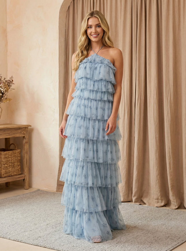 Tulle Halter Floral A Line Maxi Bridesmaid Dresses with Tiered