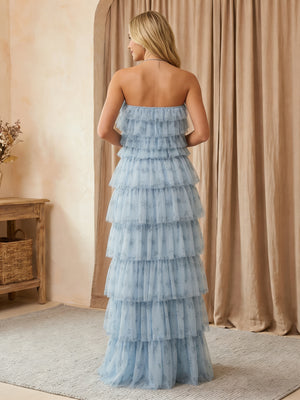 Tulle Halter Floral A Line Maxi Formal Dresses with Tiered