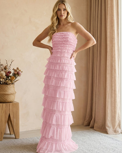 Tulle Strapless Mermaid Maxi Bridesmaid Dresses with Tiered