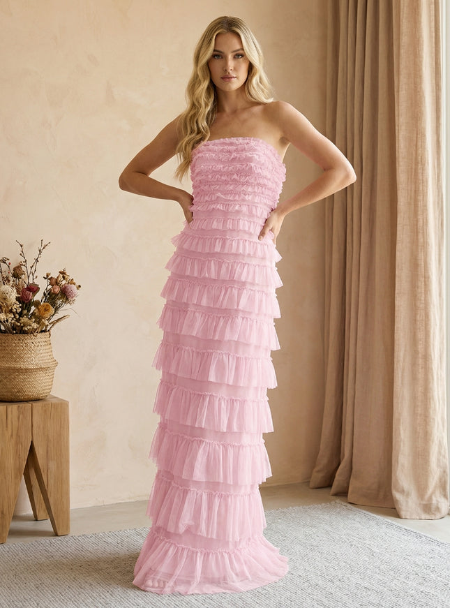 Tulle Strapless Mermaid Maxi Bridesmaid Dresses with Tiered