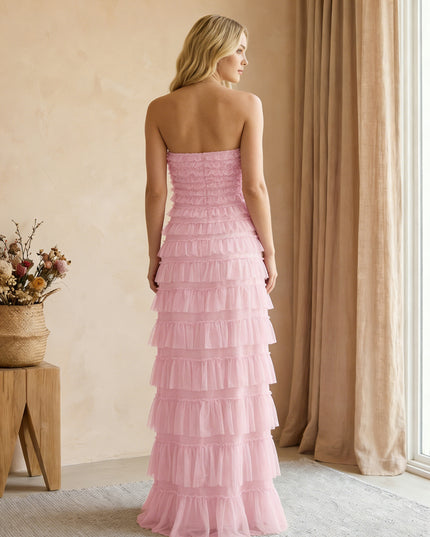 Tulle Strapless Mermaid Maxi Bridesmaid Dresses with Tiered