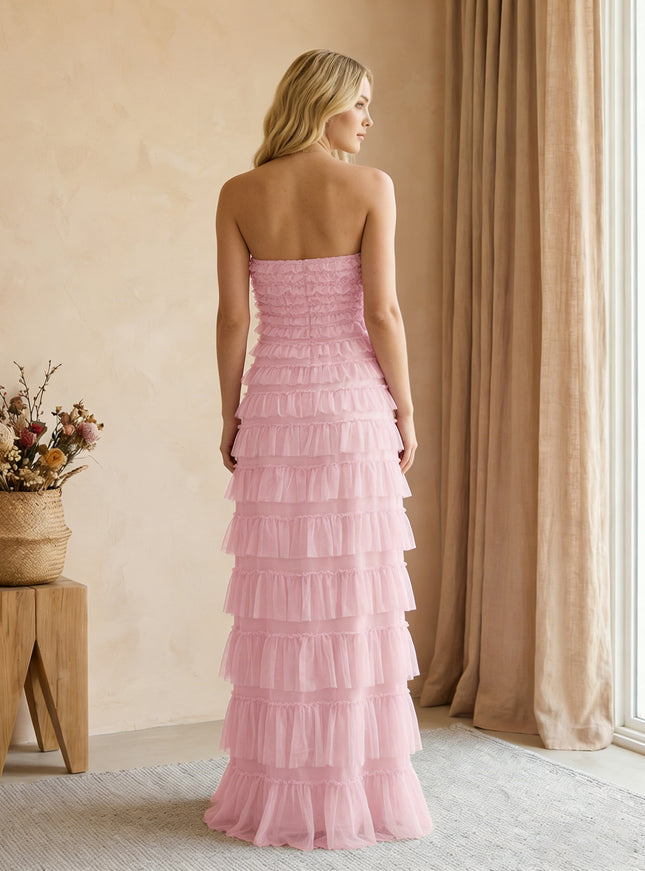 Tulle Strapless Mermaid Maxi Bridesmaid Dresses with Tiered