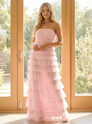 Tulle Mermaid Strapless Maxi Bridesmaid Dresses with Tiered