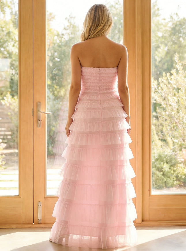 Tulle Mermaid Strapless Maxi Bridesmaid Dresses with Tiered