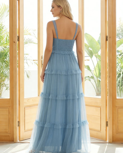 Tulle A Line Spaghetti Straps Tiered Maxi Bridesmaid Dresses