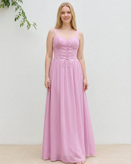 Chiffon A Line Spaghetti Straps Maxi Bridesmaid Dresses with Back Tie
