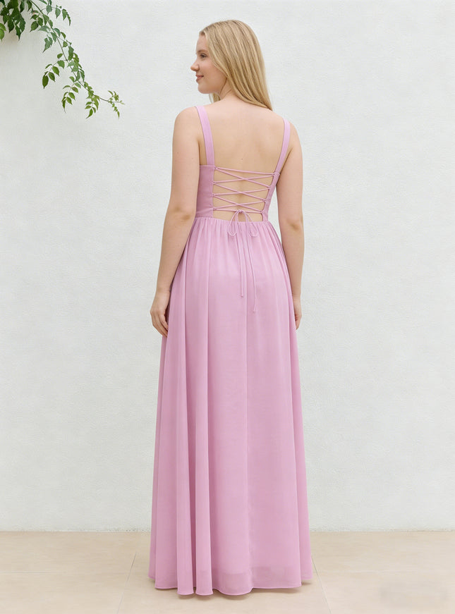 Chiffon A Line Spaghetti Straps Maxi Bridesmaid Dresses with Back Tie