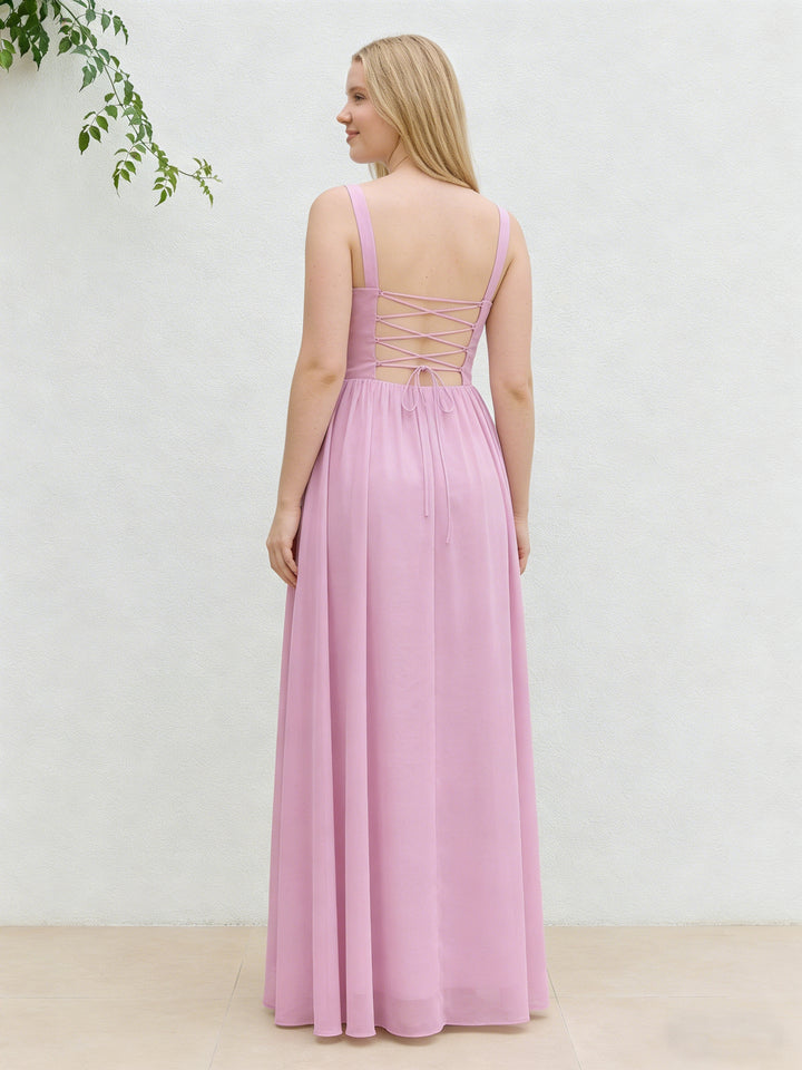 Chiffon A Line Spaghetti Straps Maxi Bridesmaid Dresses with Back Tie
