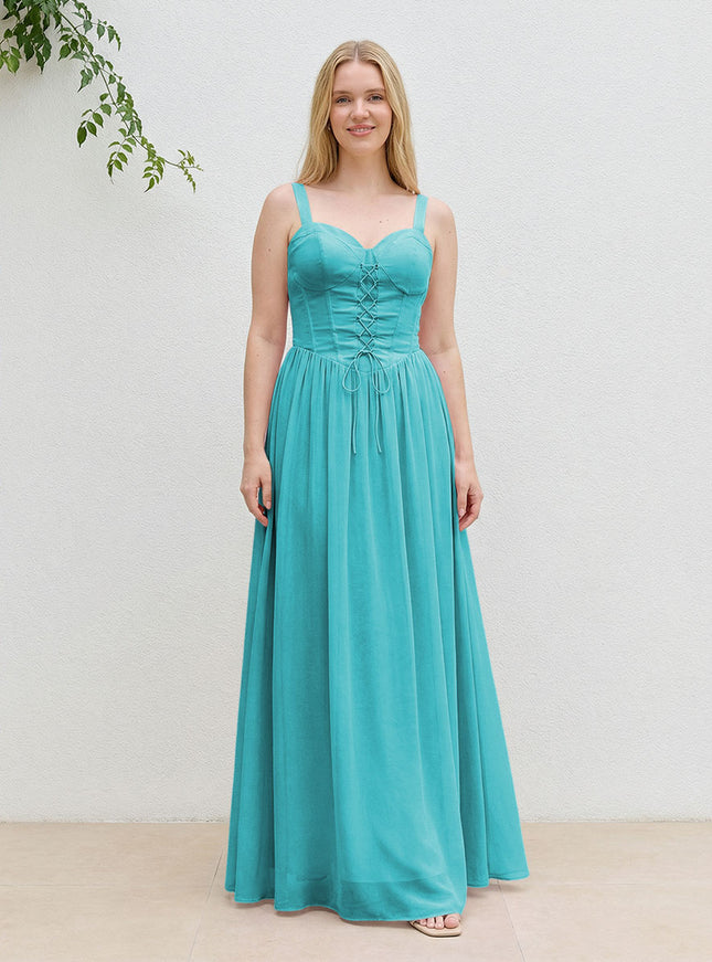 Chiffon A Line Spaghetti Straps Maxi Bridesmaid Dresses with Back Tie