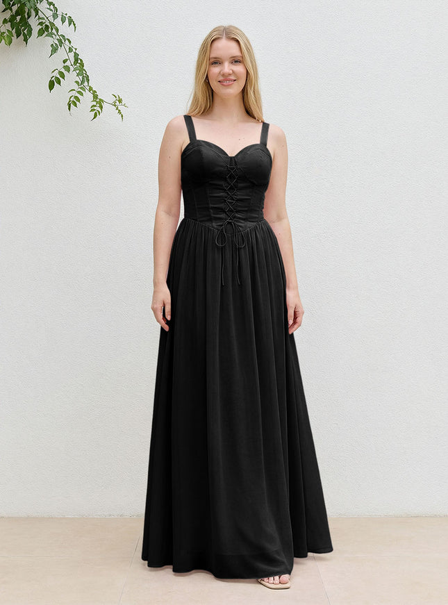 Chiffon A Line Spaghetti Straps Maxi Bridesmaid Dresses with Back Tie