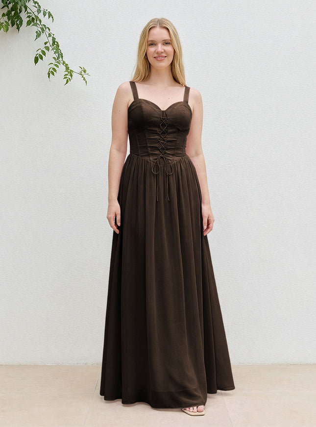 Chiffon A Line Spaghetti Straps Maxi Bridesmaid Dresses with Back Tie