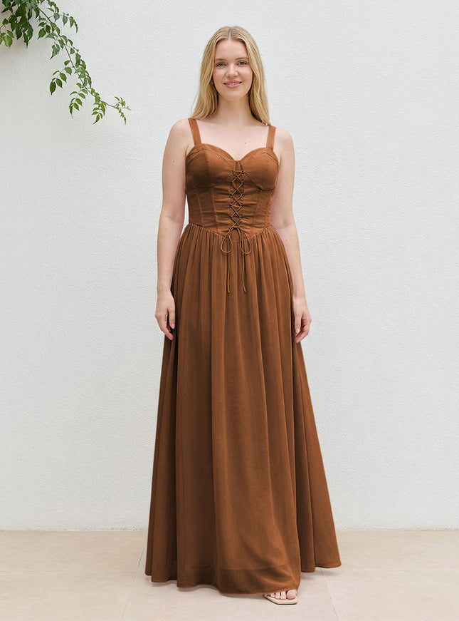 Chiffon A Line Spaghetti Straps Maxi Bridesmaid Dresses with Back Tie