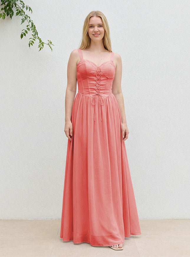 Chiffon A Line Spaghetti Straps Maxi Bridesmaid Dresses with Back Tie