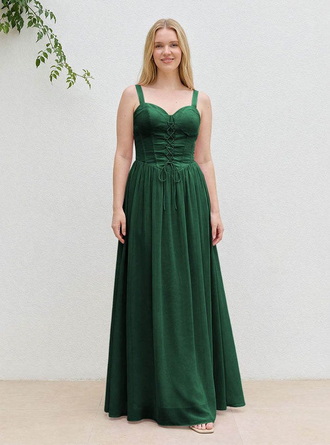 Chiffon A Line Spaghetti Straps Maxi Bridesmaid Dresses with Back Tie