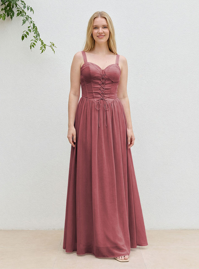 Chiffon A Line Spaghetti Straps Maxi Bridesmaid Dresses with Back Tie