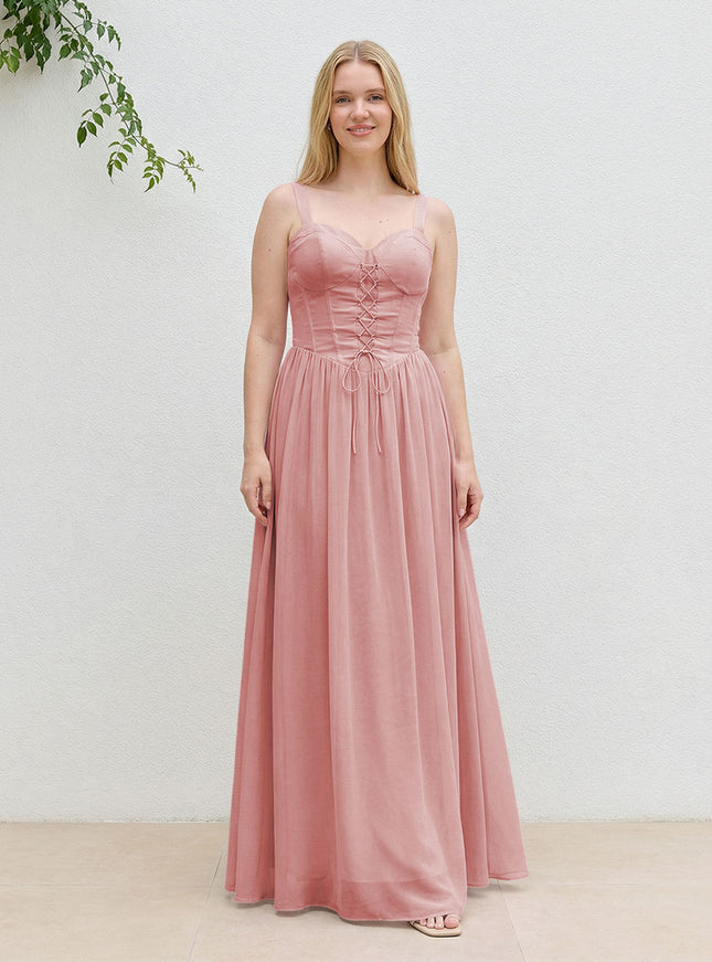 Chiffon A Line Spaghetti Straps Maxi Bridesmaid Dresses with Back Tie