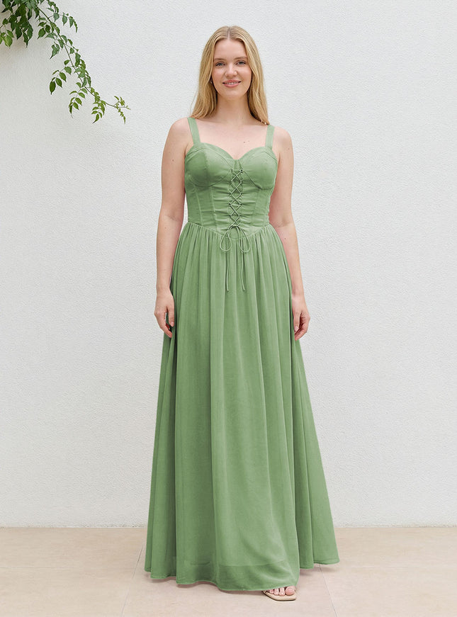 Chiffon A Line Spaghetti Straps Maxi Bridesmaid Dresses with Back Tie