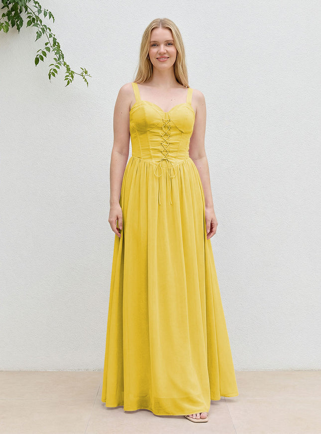 Chiffon A Line Spaghetti Straps Maxi Bridesmaid Dresses with Back Tie