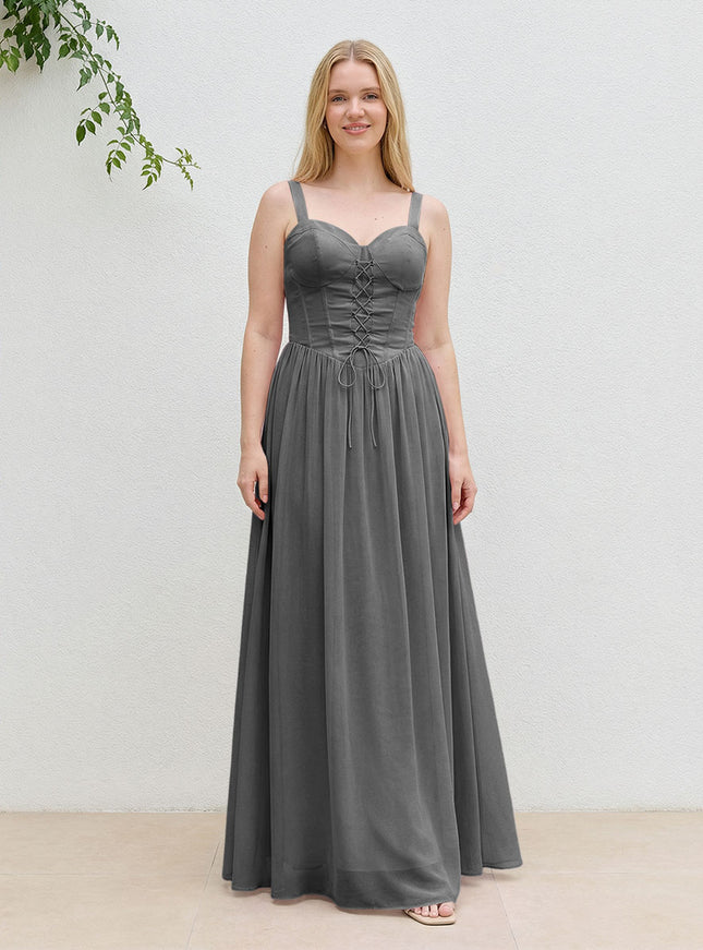 Chiffon A Line Spaghetti Straps Maxi Bridesmaid Dresses with Back Tie