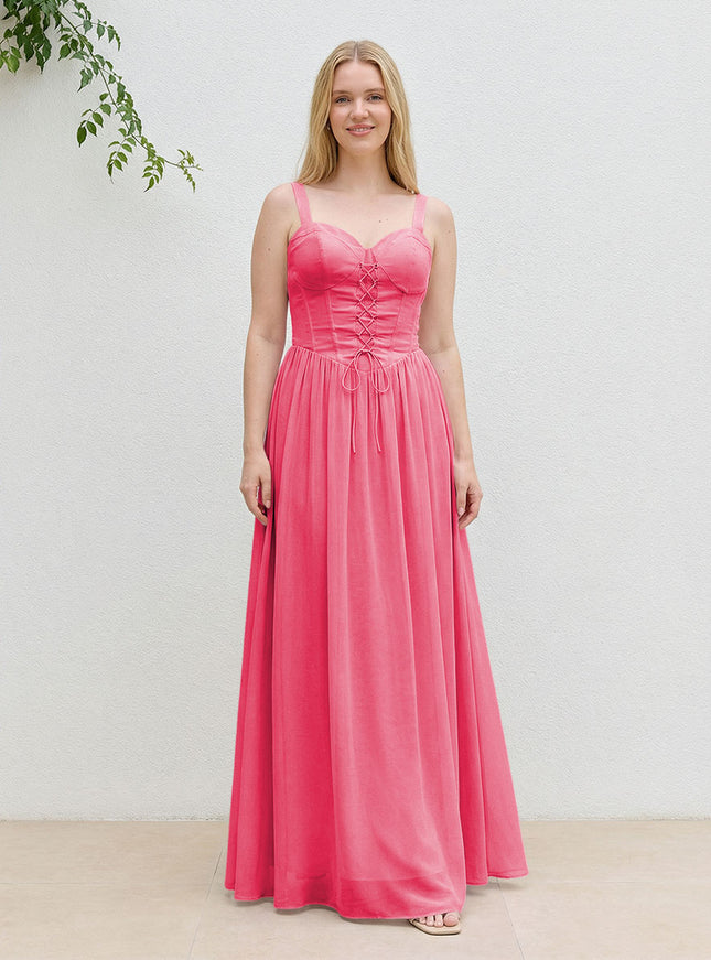 Chiffon A Line Spaghetti Straps Maxi Bridesmaid Dresses with Back Tie