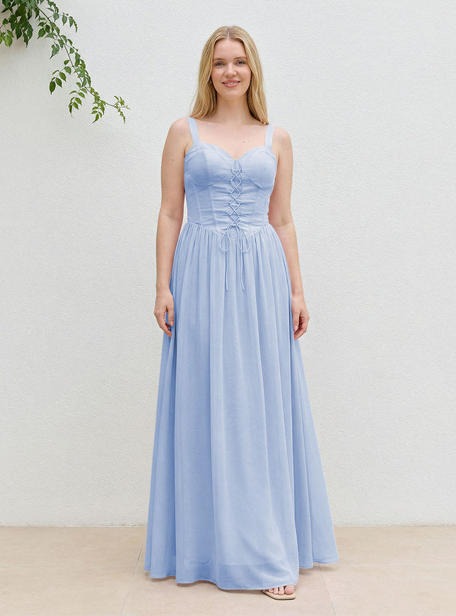 Chiffon A Line Spaghetti Straps Maxi Bridesmaid Dresses with Back Tie