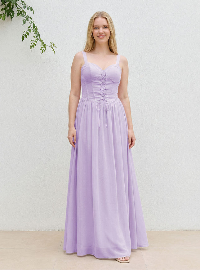 Chiffon A Line Spaghetti Straps Maxi Bridesmaid Dresses with Back Tie
