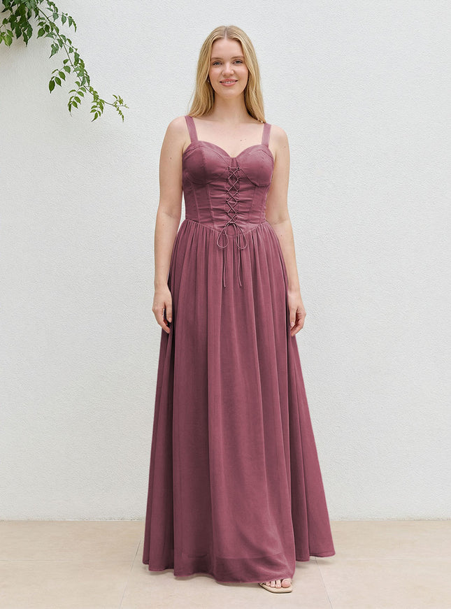Chiffon A Line Spaghetti Straps Maxi Bridesmaid Dresses with Back Tie