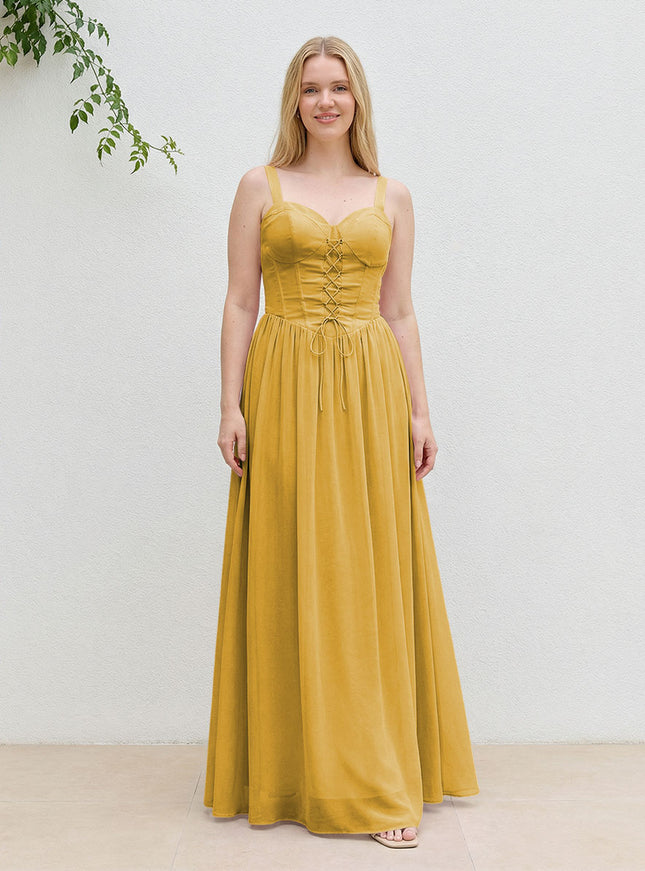 Chiffon A Line Spaghetti Straps Maxi Bridesmaid Dresses with Back Tie