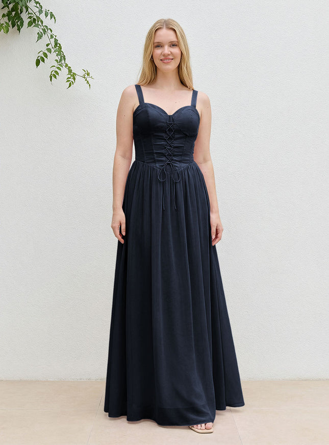 Chiffon A Line Spaghetti Straps Maxi Bridesmaid Dresses with Back Tie