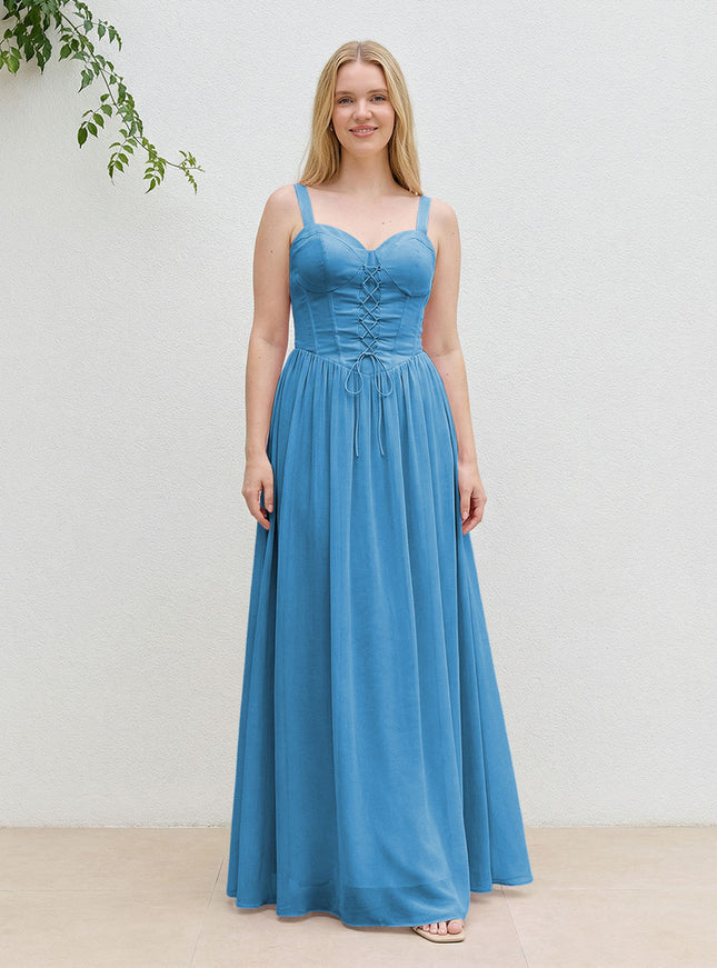 Chiffon A Line Spaghetti Straps Maxi Bridesmaid Dresses with Back Tie