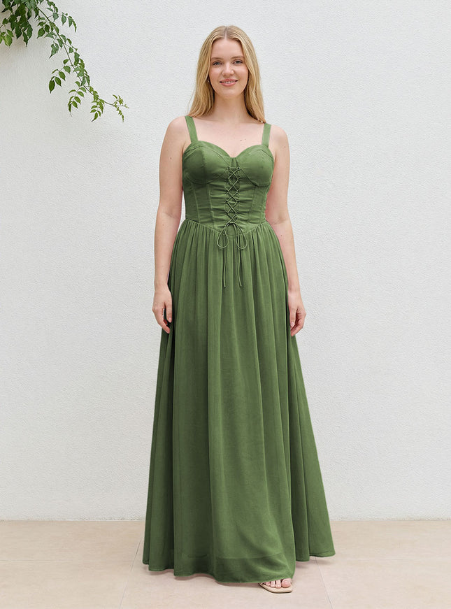 Chiffon A Line Spaghetti Straps Maxi Bridesmaid Dresses with Back Tie