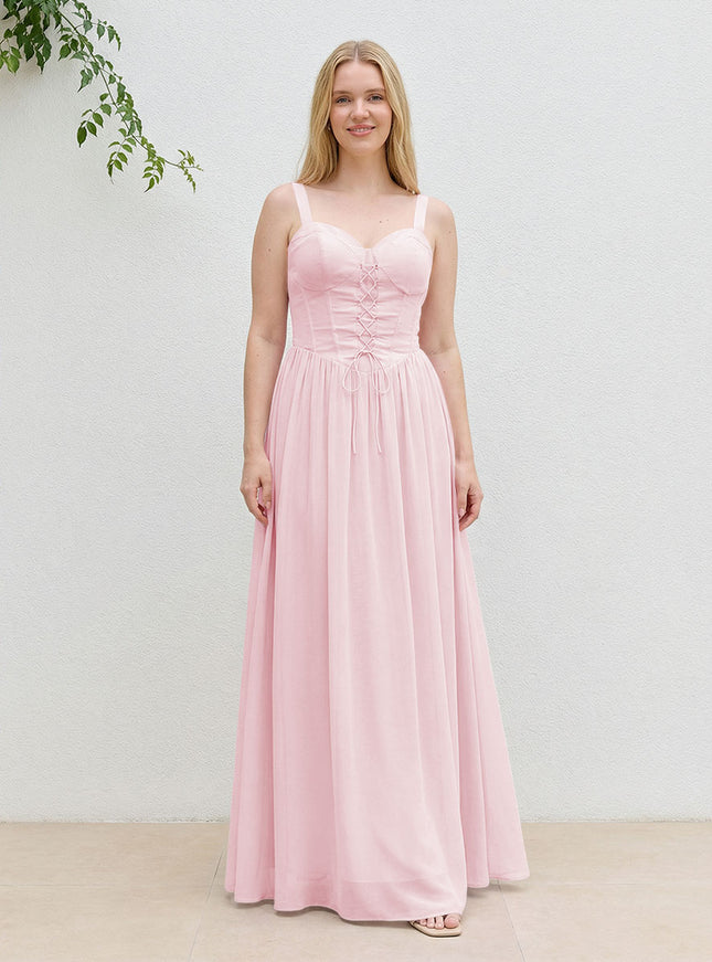 Chiffon A Line Spaghetti Straps Maxi Bridesmaid Dresses with Back Tie