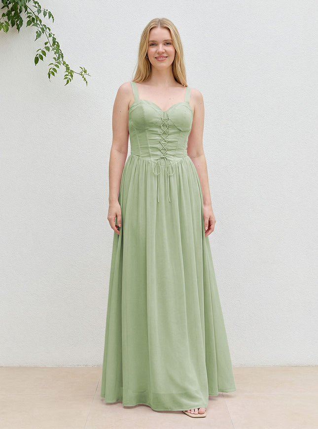 Chiffon A Line Spaghetti Straps Maxi Bridesmaid Dresses with Back Tie