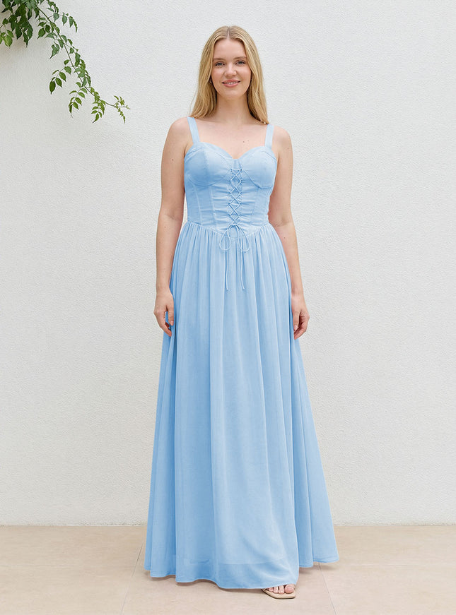 Chiffon A Line Spaghetti Straps Maxi Bridesmaid Dresses with Back Tie