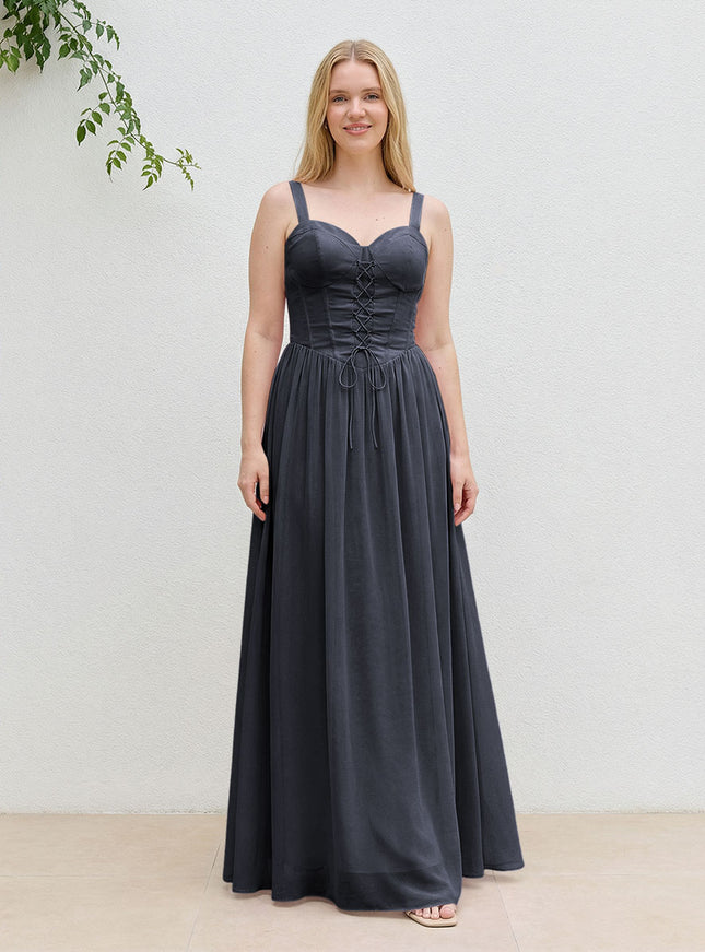 Chiffon A Line Spaghetti Straps Maxi Bridesmaid Dresses with Back Tie