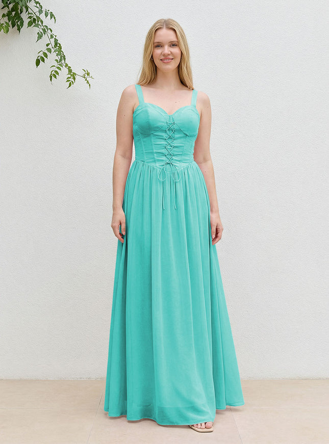Chiffon A Line Spaghetti Straps Maxi Bridesmaid Dresses with Back Tie